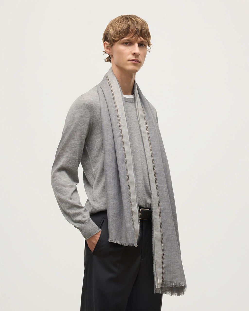 Ives Chevron Border Grey Cashmere Scarf