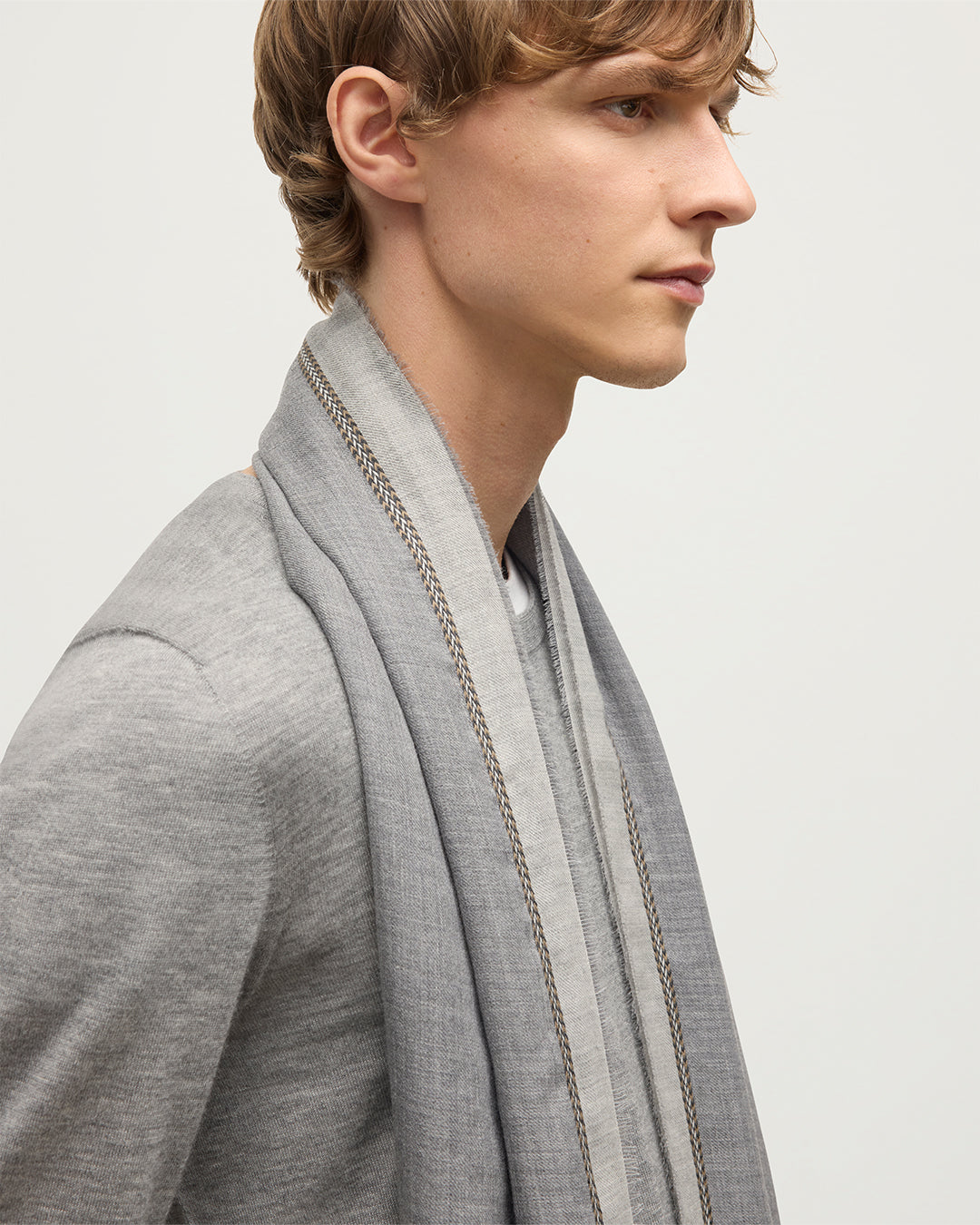 Ives Chevron Border Grey Cashmere Scarf