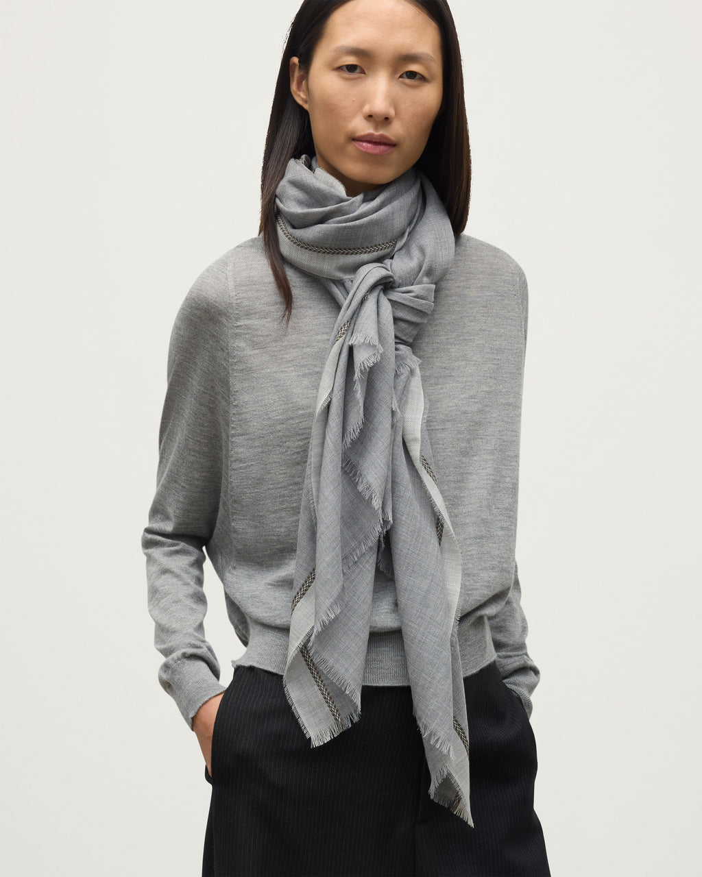 Ives Chevron Border Grey Cashmere Scarf