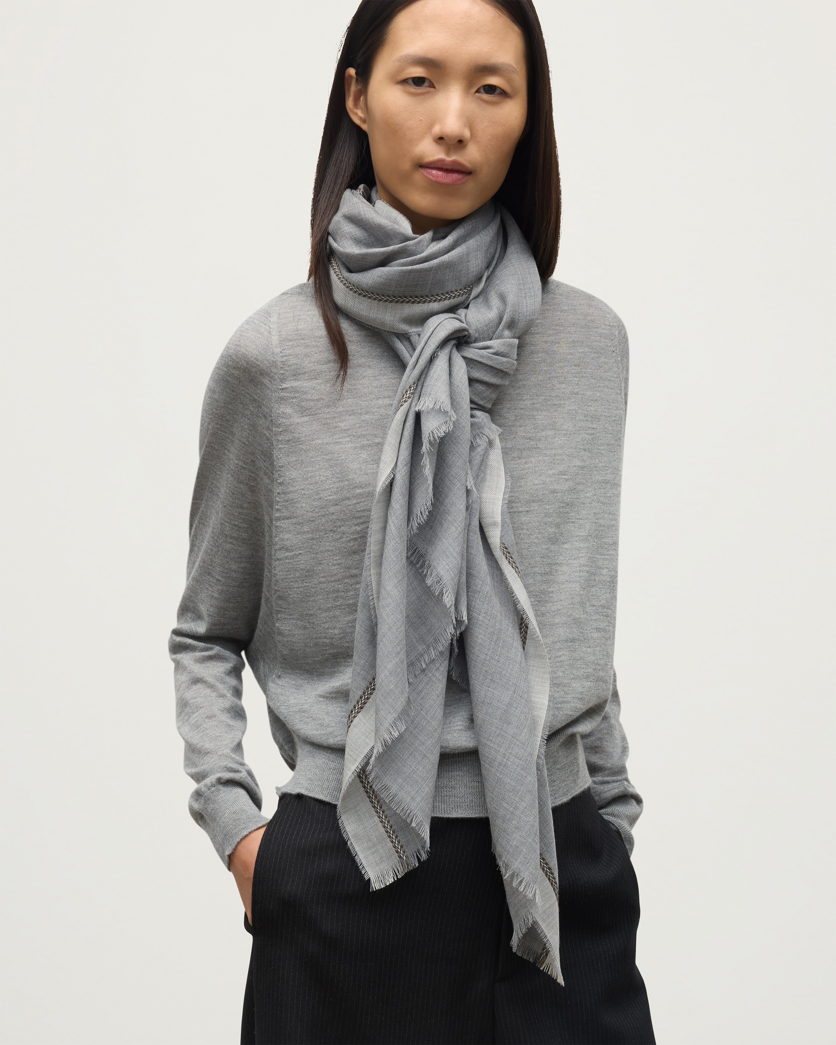 Ives Chevron Border Grey Cashmere Scarf
