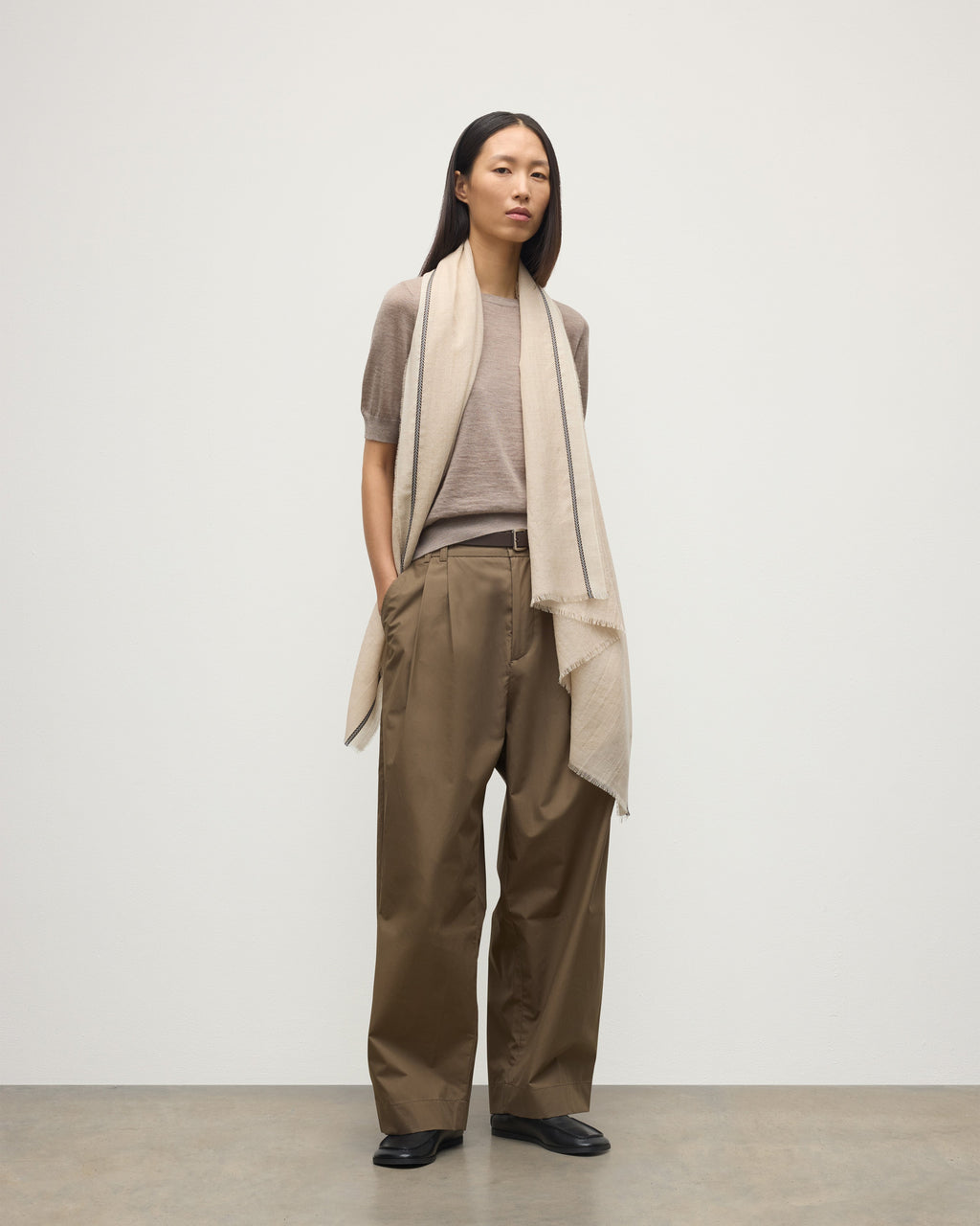 Ives Chevron Border Natural Cashmere Scarf