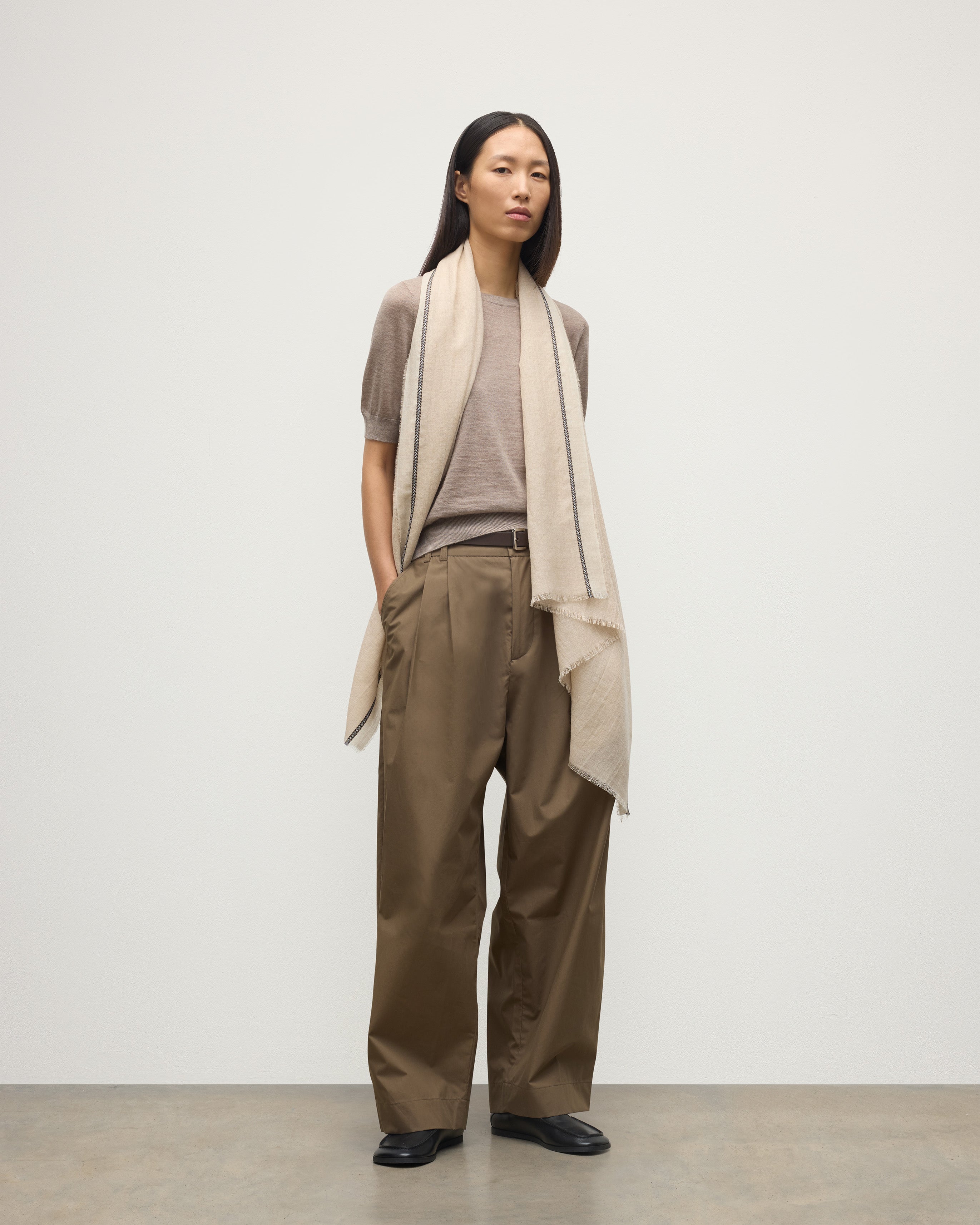 Ives Chevron Border Natural Cashmere Scarf