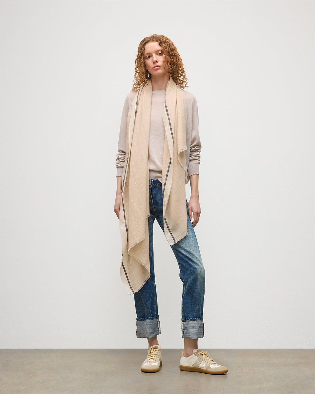 Ives Chevron Border Natural Cashmere Scarf