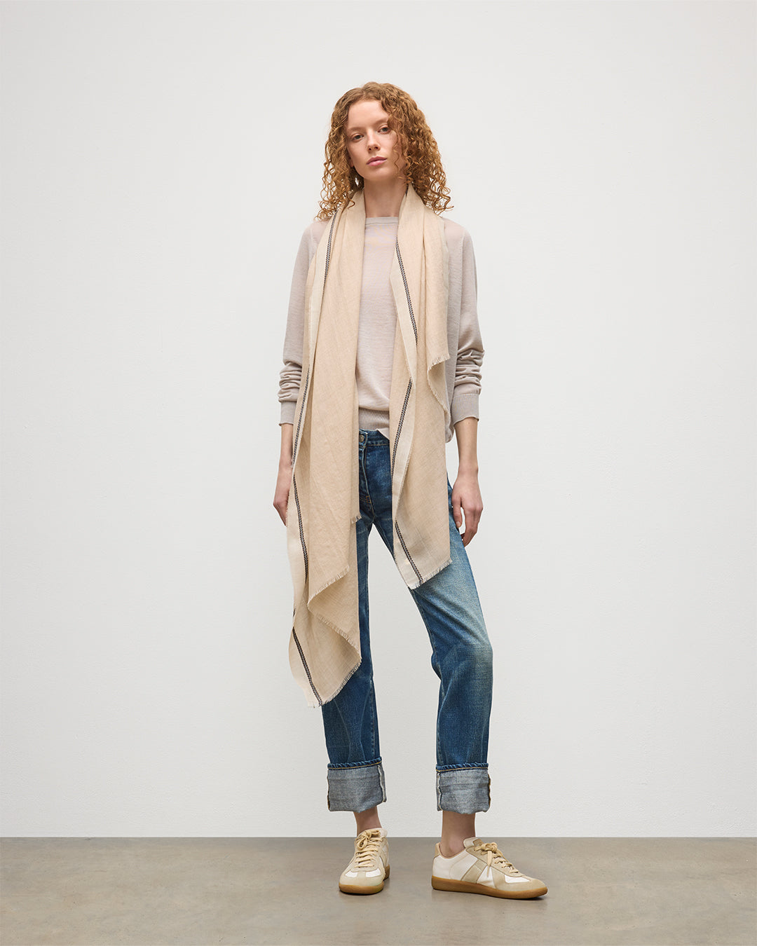 Ives Chevron Border Natural Cashmere Scarf