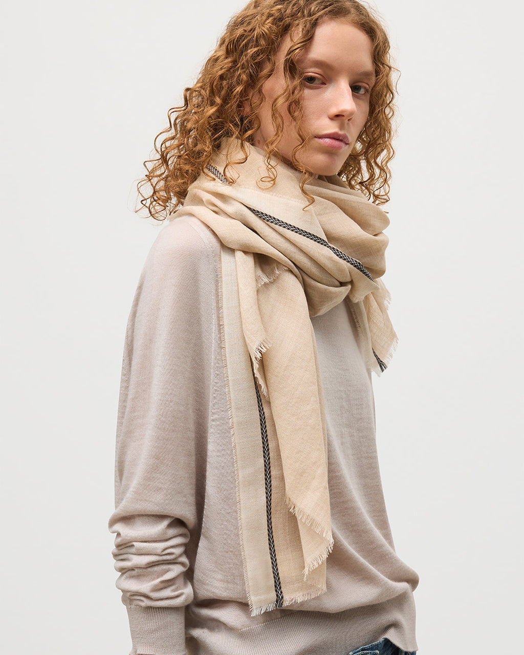 Ives Chevron Border Natural Cashmere Scarf