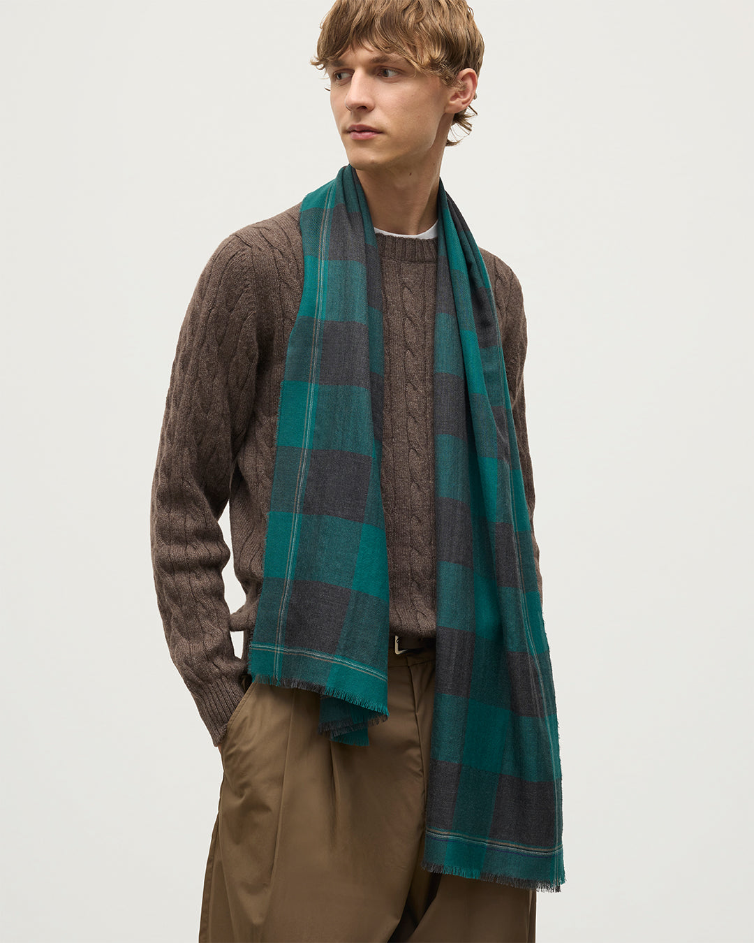 Carnbee Large Gingham Green Cashmere Scarf