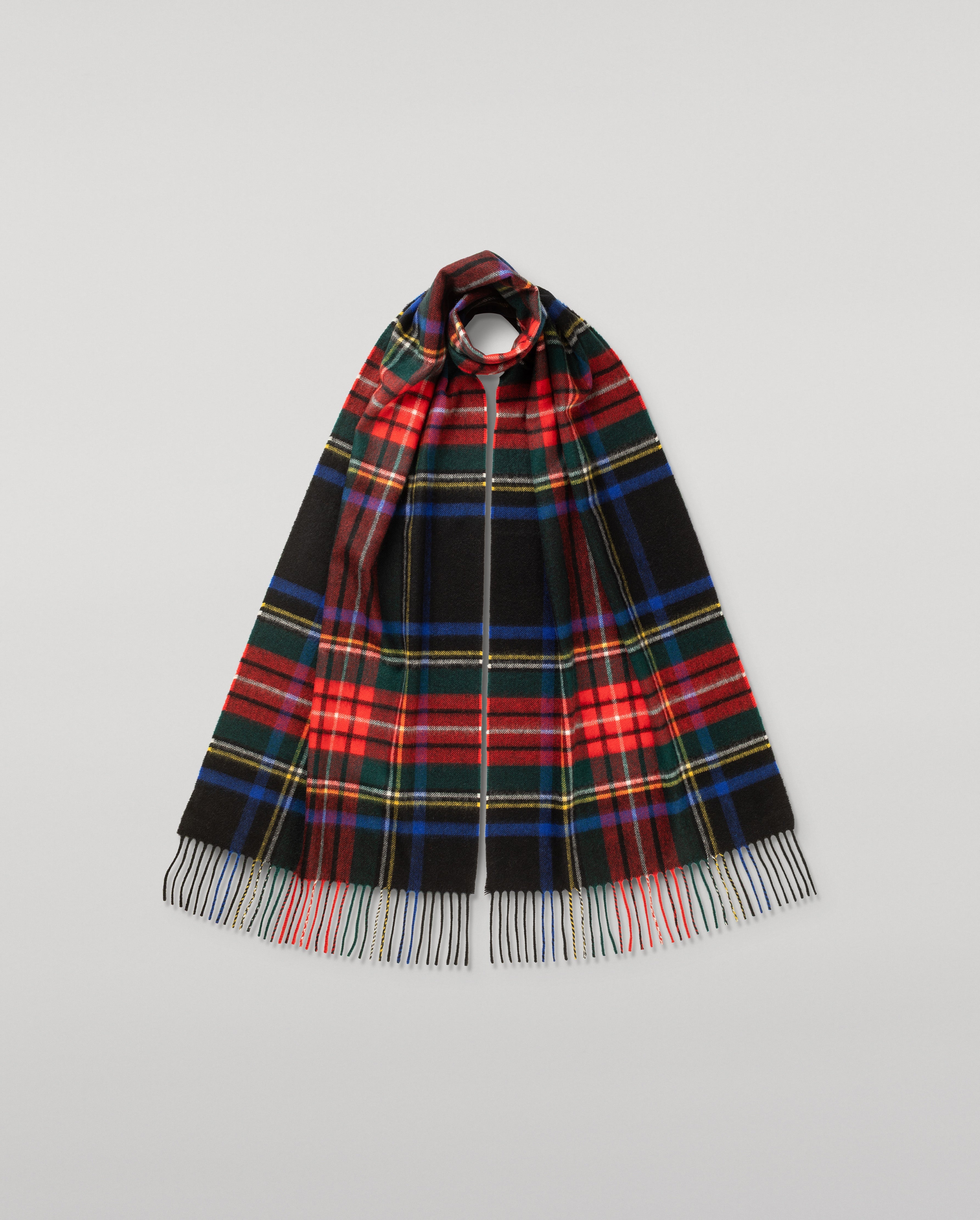 Wide Black Stewart Tartan Cashmere Scarf