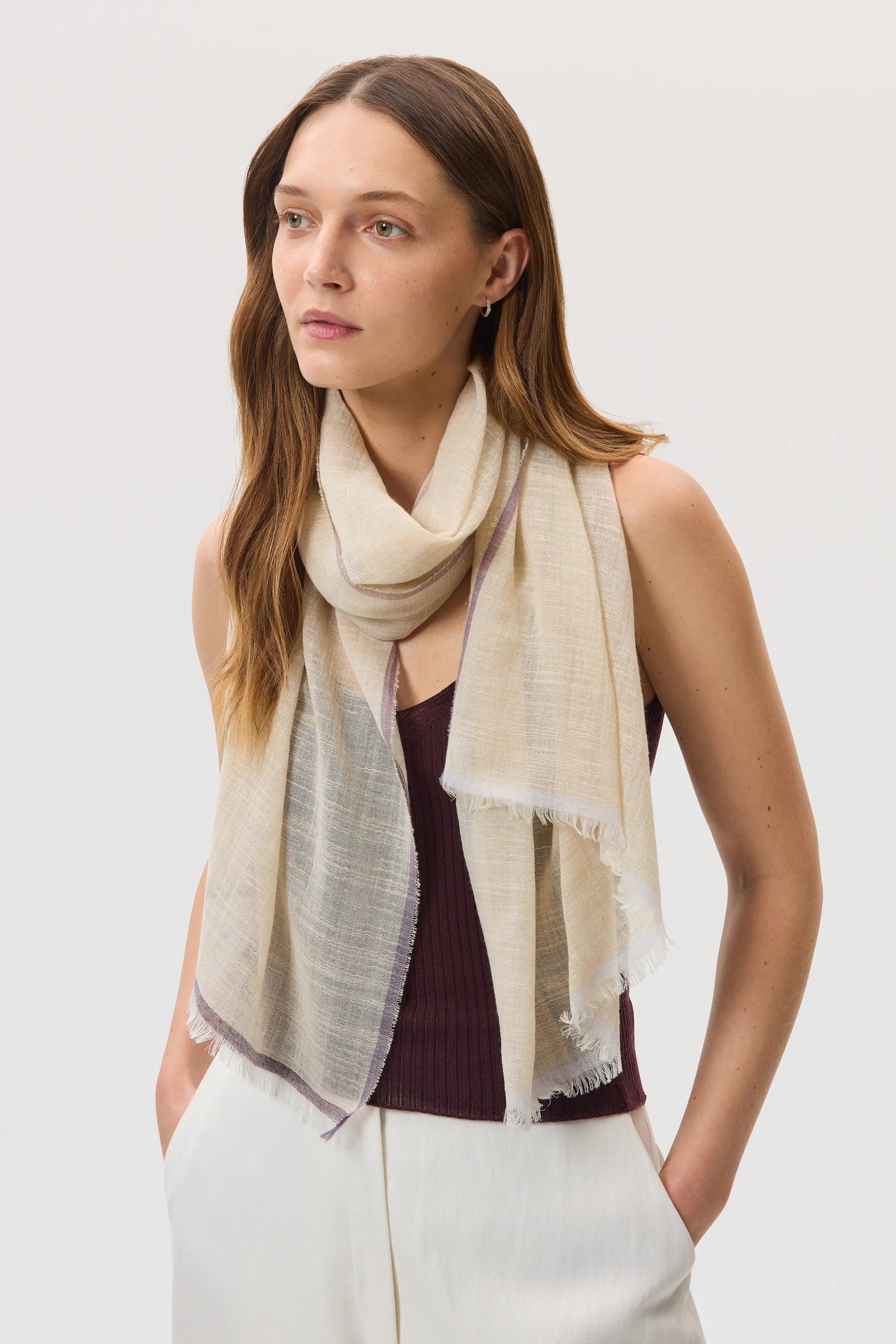 Colour Border Natural Lightweight Scarf