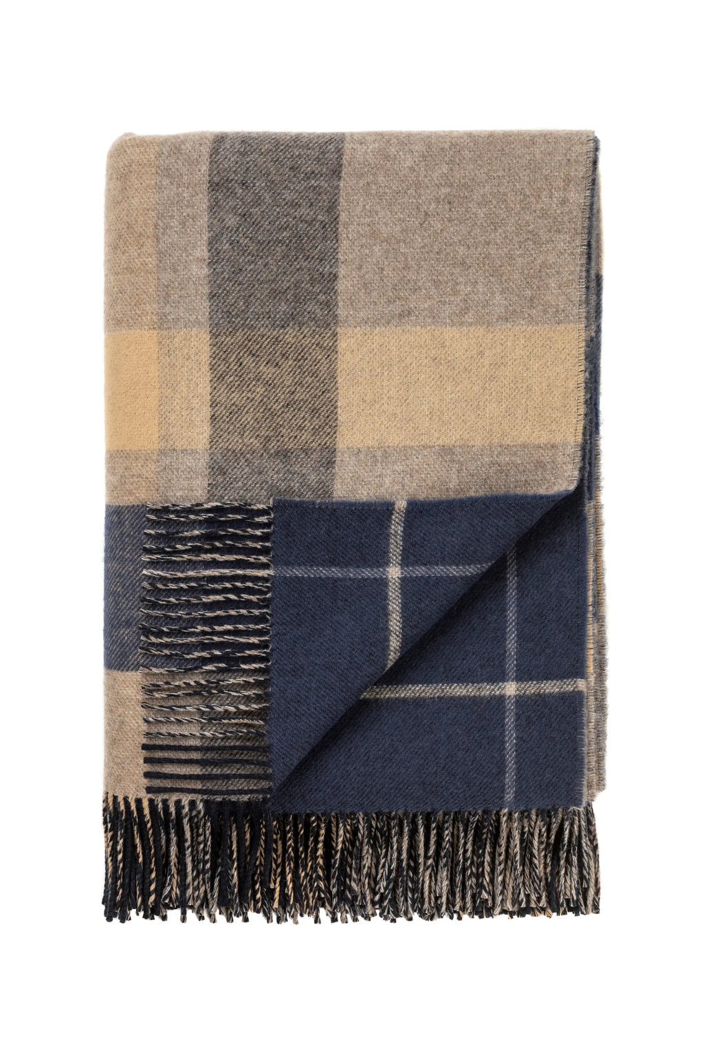 Double Face Lambswool Throw in Brown & Navy Overcheck