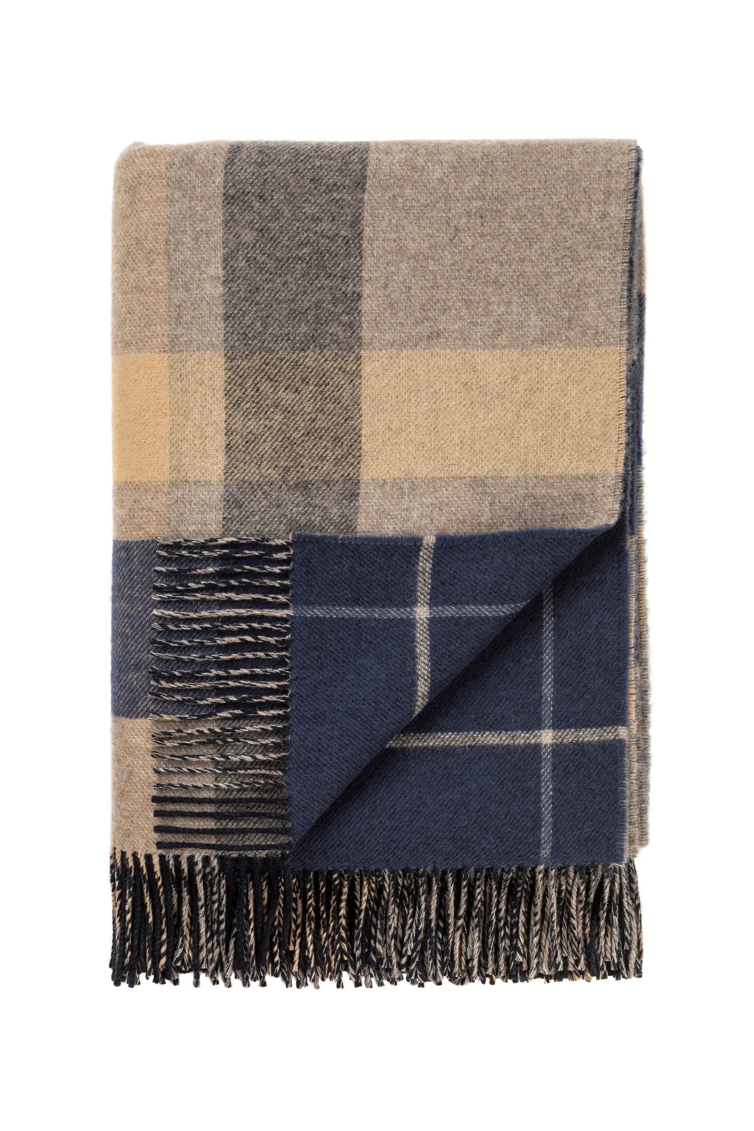 Double Face Lambswool Throw in Brown & Navy Overcheck