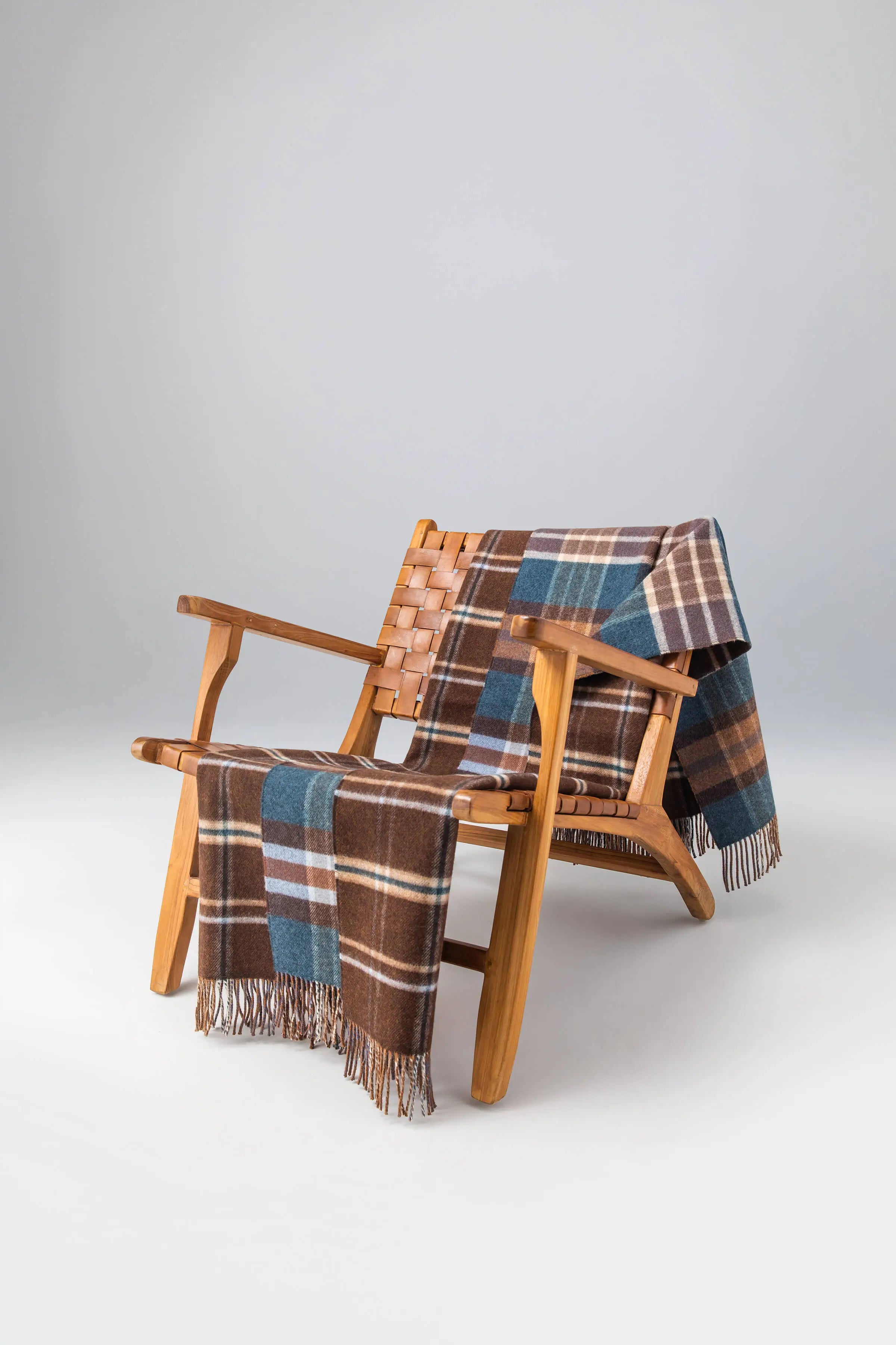 Double Face Lambswool Throw in Heather Blue & Brown Check