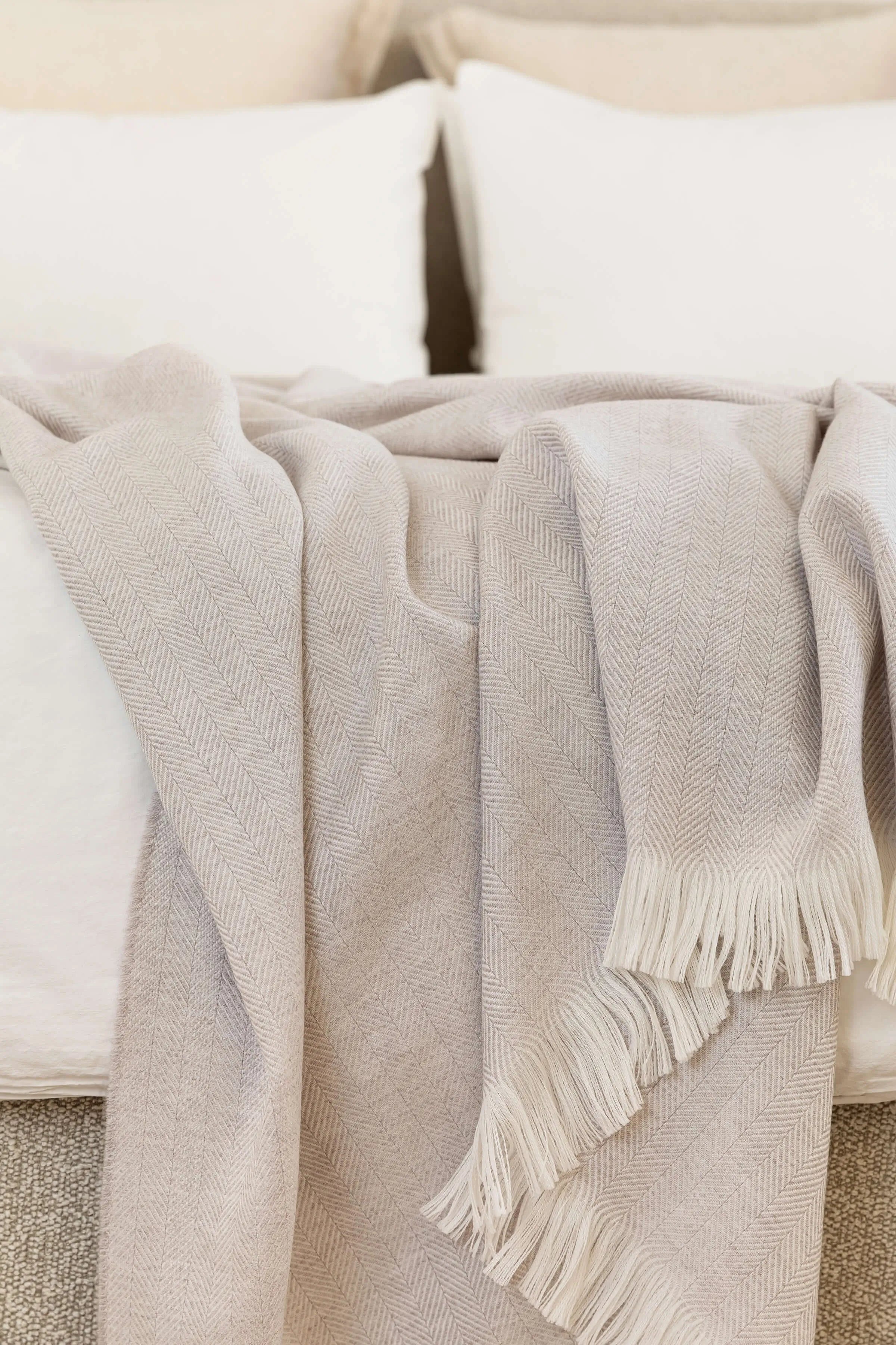 Herringbone Merino Bed Throw in Silver Birch