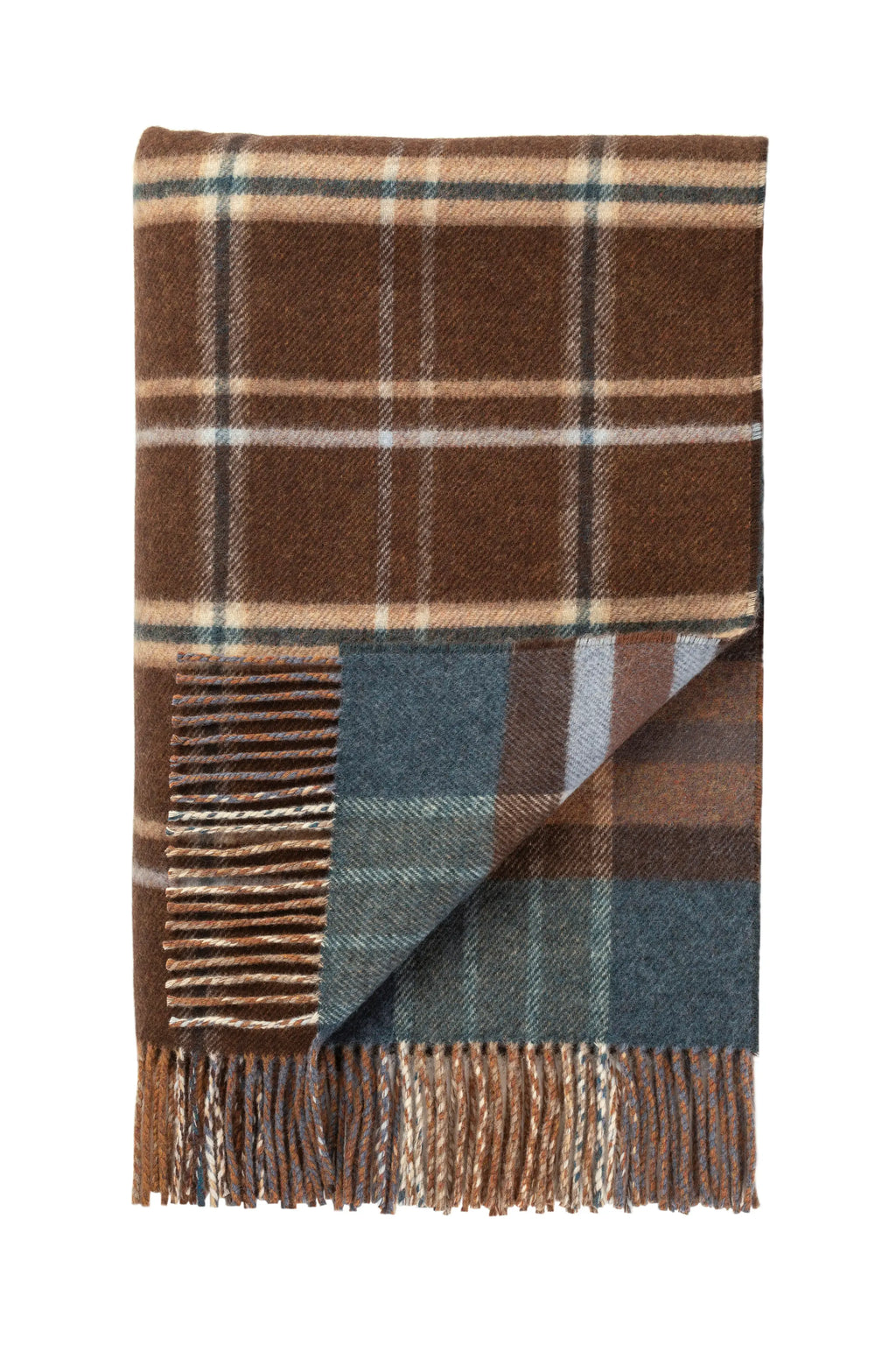 Double Face Lambswool Throw in Heather Blue & Brown Check