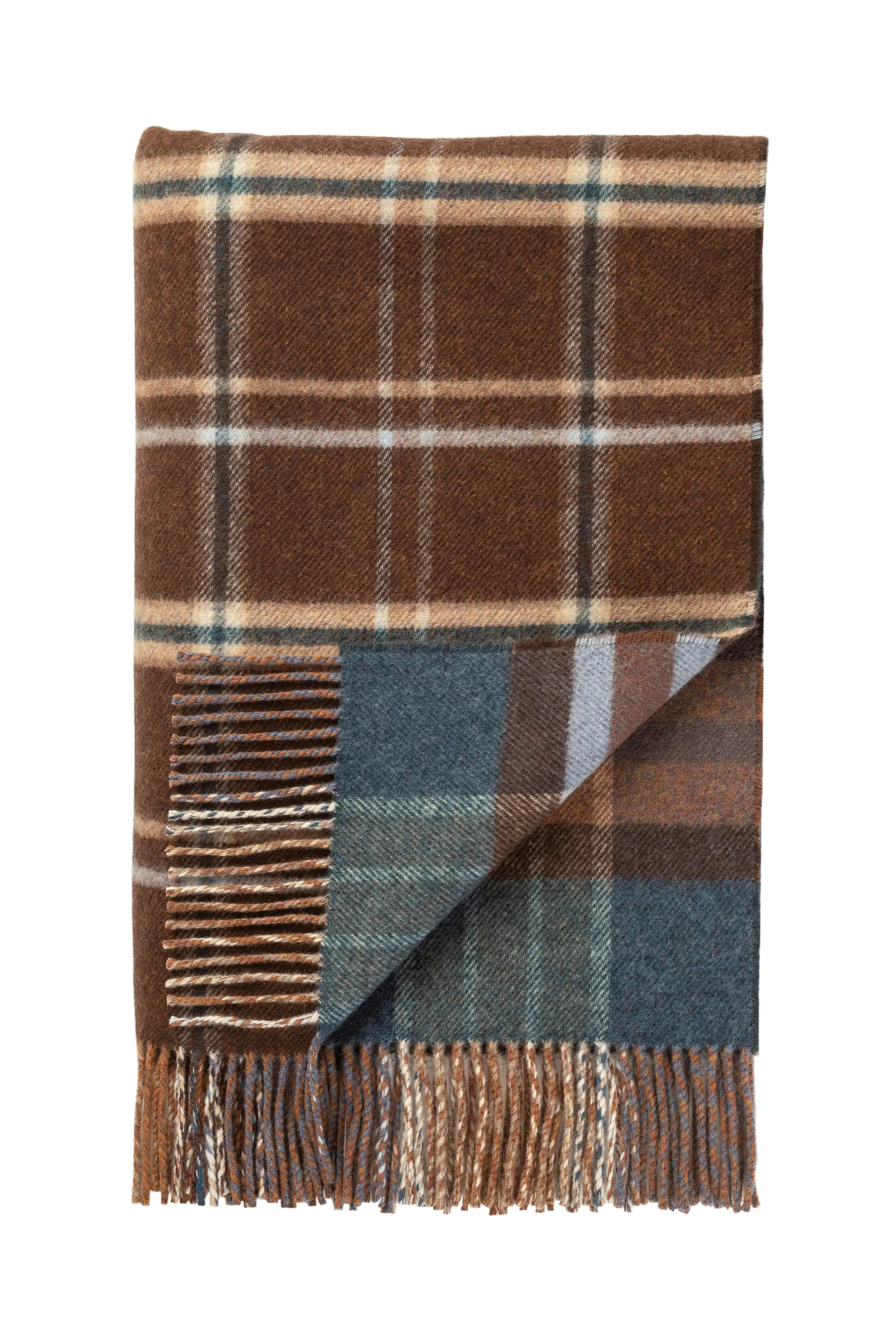 Double Face Lambswool Throw in Heather Blue & Brown Check